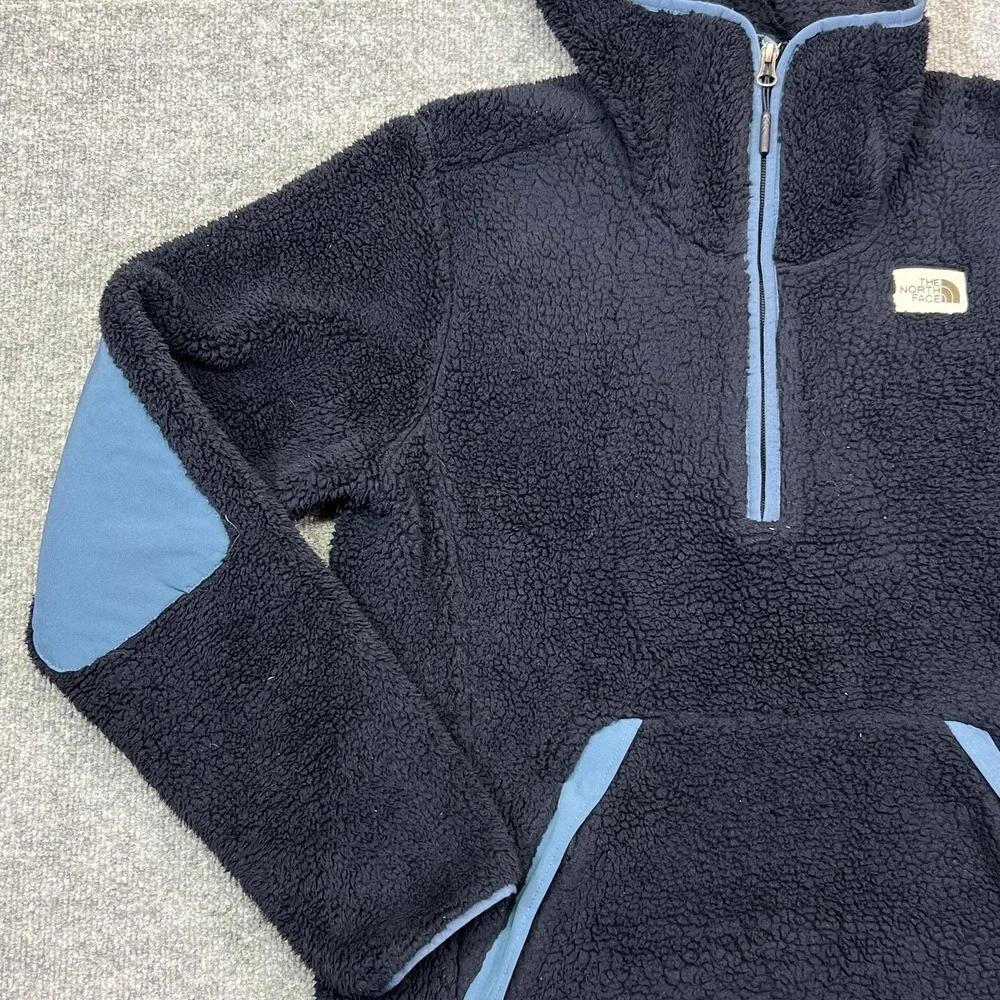 The North Face Campshire Jacket Mens Small Blue Sherpa Fleece Hooded 1/4 Zip